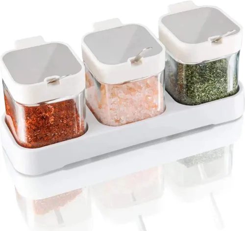 Miniatura 7 de Mlici Contenedor de especias para condimentos con tapas y cucharas, recipientes de vidrio transparente de 8.6 onzas, contenedor de condimentos