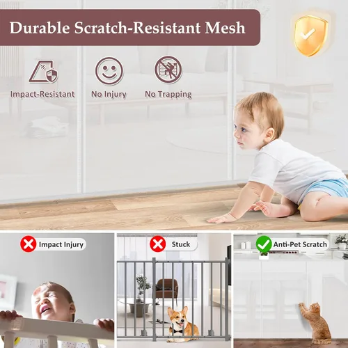 Miniatura 6 de Puertas retráctiles extra altas reforzadas de 41 pulgadas para bebés, puerta retráctil extra ancha de 120 pulgadas con varillas de apoyo, puerta