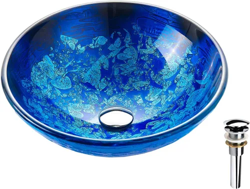 Blue OceanMystery Series - Fregadero de baño de vidrio templado decorativo en azul estrellado | Fregaderos de montaje superior sobre encimera |