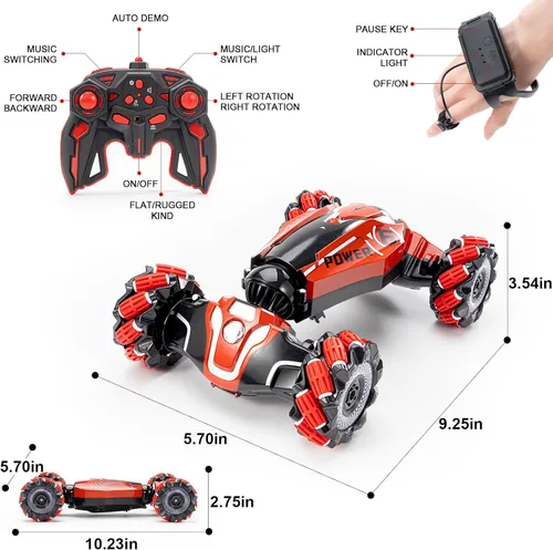 Miniatura 8 de Auto de acrobacias RC con detección de gestos, vehículo de control remoto con tracción en las 4 ruedas, vehículo todo terreno con derrape Rojo