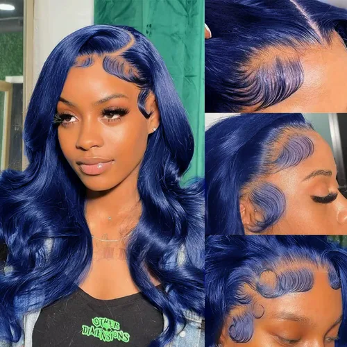 Miniatura 2 de Peluca de cabello humano ondulado con encaje frontal azul oscuro de 28 pulgadas, color azul oscuro, pelucas de encaje frontal de 13 x 4, línea
