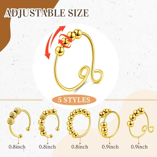 Miniatura 3 de Yinkin 30 anillos para ansiedad para mujeres, de acero inoxidable, ajustable, con cuentas, para hombres y adultos, alivio del estrés (dorado)