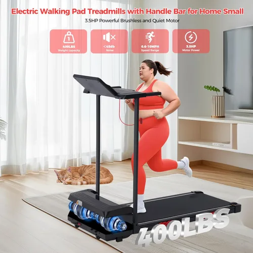 Miniatura 4 de Cinta para caminar eléctrica con manillar, 0.6-10 MPH, caminadora portátil pequeña con asas para el hogar, apartamento, de 3.5 HP, plegable