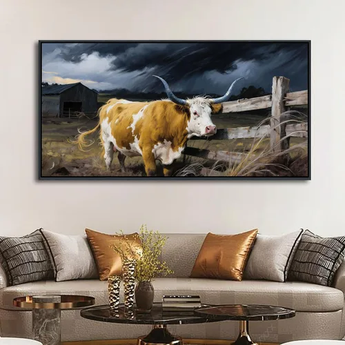 Miniatura 20 de AJAZIKO Arte de Pared de Vaca de las Tierras Altas - Decoración de Pared de Granja y Campo Rústico, Cuadros Grandes en Lienzo para Sala de Estar