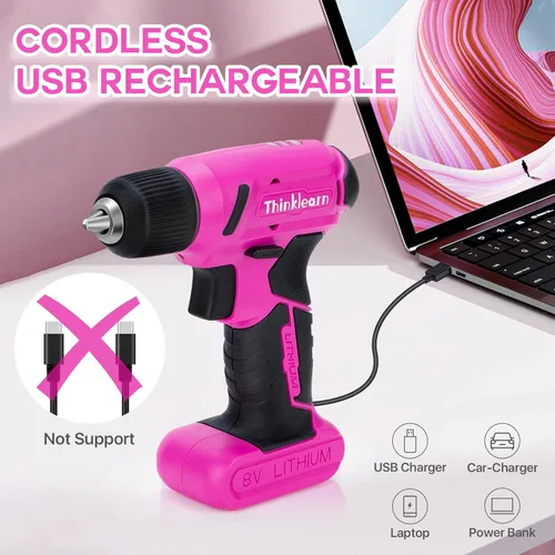 Miniatura 5 de Juego de taladro inalámbrico rosa de 8V, kit de herramientas de taladro Pink Power de 64 piezas para mujeres, juego de destornillador eléctrico