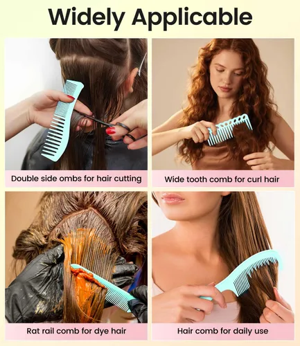 Miniatura 7 de Juego de 6 peines profesionales para el cabello para mujeres y hombres, cola de rata, peines de dientes anchos y finos para cabello rizado, Verde