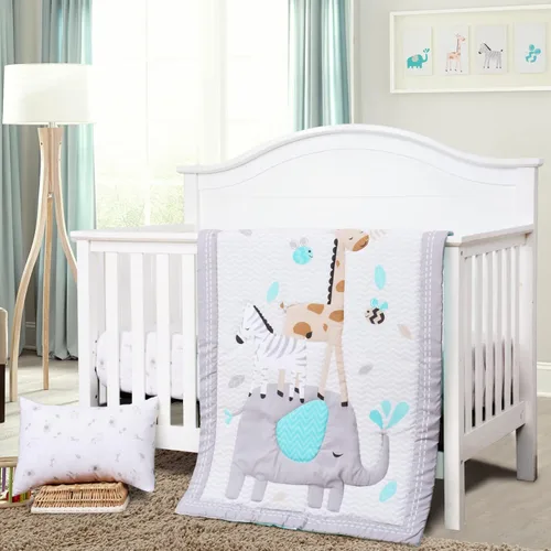 Miniatura 14 de JISEN Juego de ropa de cama de 3 piezas para cuna, juego de ropa de cama suave para cuna, camiones de construcción, juego de edredón para cuna