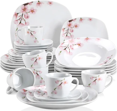 Miniatura 29 de VEWEET, Serie Fiona - Juego de vajilla de 30 piezas para 6 personas, blancos con rayas negras y grises, vajilla de porcelana de platos de postre