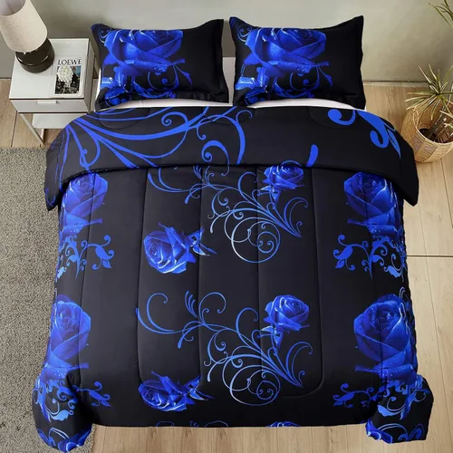 Miniatura 6 de WONGS BEDDING Juego de edredón azul tamaño matrimonial, juego de edredón reversible con estampado de rosas azules con 2 fundas de almohada