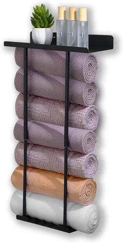 Toallero de metal para colgar en la pared del baño, toallero de baño negro para almacenamiento de toallas de baño con ganchos para colgar y estante