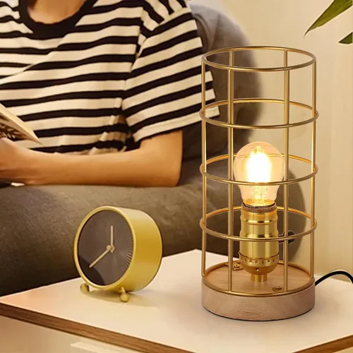 Miniatura 2 de Lámpara de mesa industrial dorada con jaula de metal, lámpara de escritorio rústica de latón con interruptor de cable enchufable, lámpara de mesa