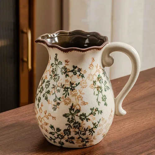Jarrón de Cerámica Vintage con Asa, Jarra de Flores Rústica Verde y Beige para Decoración del Hogar, Jarrón Decorativo para Sala de Estar,