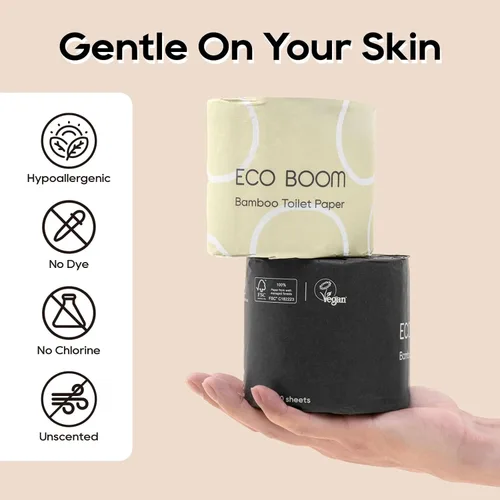 Miniatura 5 de ECO BOOM Papel higiénico de bambú sin blanquear, 100% libre de deforestación y sin plástico, 3 capas resistentes, certificado FSC, sin fragancia, 9