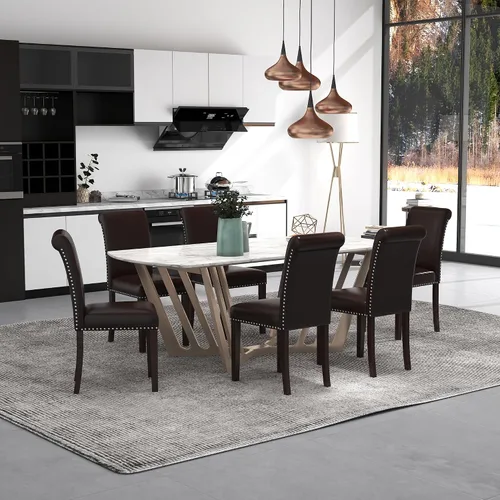 Miniatura 9 de Westice Juego de 8 sillas de comedor tapizadas de tela para cocina, sillas laterales de comedor con ribete de cabeza de clavo y patas de madera