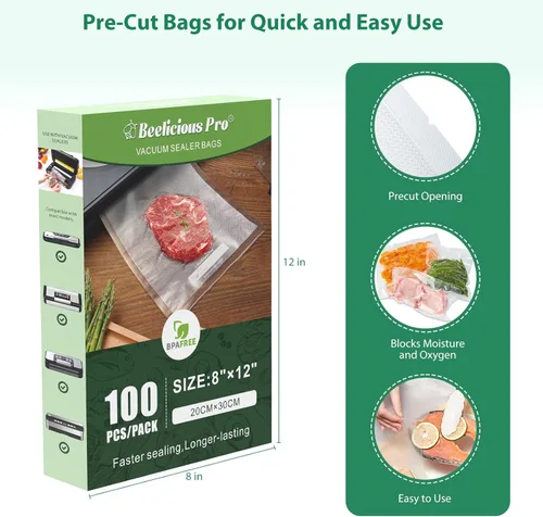 Miniatura 7 de Bolsas de sellado al vacío precortadas Beelicious Pro para almacenamiento de alimentos, 100 unidades de 8" x 12" con bolsas de sellado al vacío