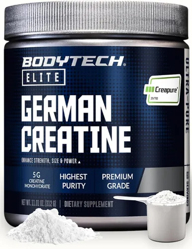 BodyTech Elite Creatina alemana con Creapure®, monohidrato de creatina en polvo para fuerza, tamaño y potencia, 0.18 oz por porción, sin sabor, sin