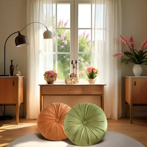 Miniatura 2 de Almohadas plisadas redondas de terciopelo para decoración del hogar, sofá, silla, cama y automóvil, color café oscuro, 13.8 pulgadas
