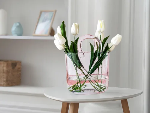 Miniatura 5 de OLEEK Jarrón de Cristal Hecho a Mano en Forma de Bolso para Flores y Bebidas - 10 pulgadas - Lindo Centro de Mesa Rosa y Pecera - Florero Único