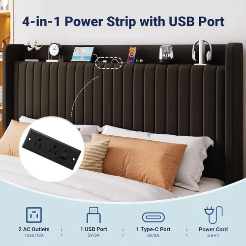 Miniatura 4 de Allewie Base de cama de almacenamiento elevable, tamaño King, cabecera de estante de almacenamiento con estación de carga, puertos tipo C y USB