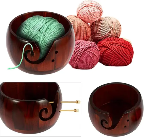 Miniatura 2 de Joyeee Cuenco de almacenamiento de hilo de madera hecho a mano, 6 pulgadas con agujeros tallados y perforados, regalo para entusiastas de tejer