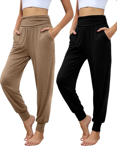 Locoowai Paquete de 2 pantalones deportivos de yoga para mujer, cómodos pantalones deportivos con bolsillos, casuales, holgados, cómodos, de cintura