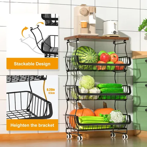 Miniatura 2 de Gsiekare Cesta de frutas y verduras para cocina, cestas de almacenamiento de 4 niveles apilables con ruedas, cestas organizadoras de almacenamiento
