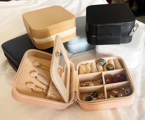 Miniatura 6 de Joyero de viaje organizador portátil para joyas, organizador de almacenamiento de piel sintética con espejo, soporte de joyería para mujeres