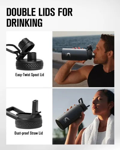 Miniatura 5 de Coolplus - Botella de agua de 32 onzas aislada, termo de agua de acero inoxidable con popote de metal de doble pared al vacío con funda de Negro