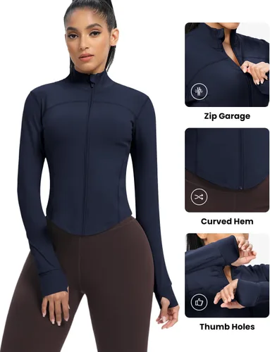 Miniatura 48 de AVGO Chaquetas de entrenamiento recortadas para mujer, con cremallera, ajustadas, atléticas, con agujeros para el pulgar