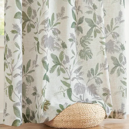 Miniatura 7 de Jinchan Cortinas de lino para sala de estar de 63 pulgadas de largo, con estampado de hojas tropicales, cortinas botánicas de lino estilo rústico