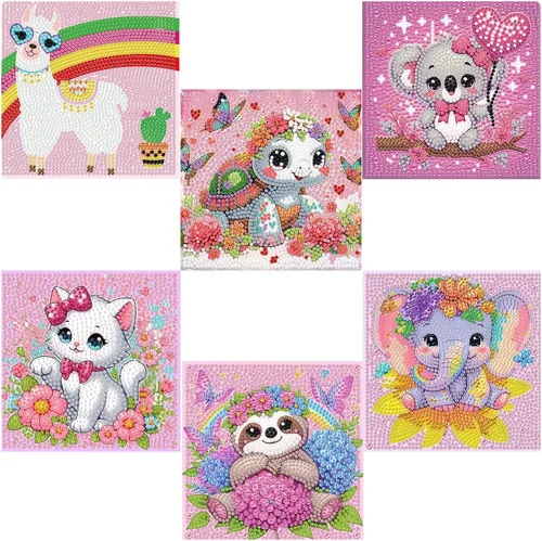 Miniatura 8 de Acelii Paquete de 6 kits de pintura de diamantes de dibujos animados 5D para niños principiantes, lindos animales, kit de arte de diamantes