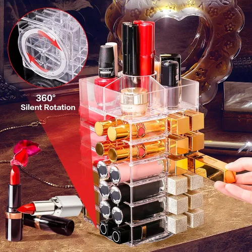 Miniatura 7 de soporte para pintalabios acrílico, organizador de cosméticos de 360 grados con 53 ranuras, soporte de exhibición de almacenamiento de brillo labial