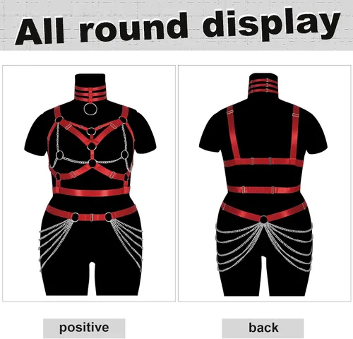 Miniatura 5 de Arnés de cuerpo de talla grande para mujer gorda y niña, cadena de metal, hueco completo, sujetador de jaula, medias de pierna, liguero, ropa gótica