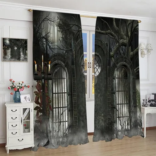 Miniatura 4 de Cortinas góticas con diseño de luna de Halloween, historia, puerta espeluznante, fondo de terror, vela, ficción, patrón de impresión, sala de estar