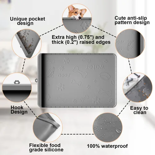 Miniatura 4 de Tapete para Comida de Perro - Tapete de Silicona para Perros para Comida y Agua - 28" x 20" Tapetes de Alimentación para Mascotas con Bolsillo