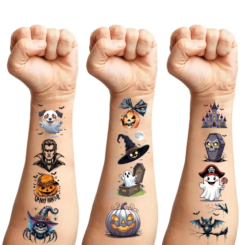 Miniatura 9 de Tatuajes temporales de Halloween que brillan en la oscuridad: 108 hojas envueltas individualmente, calcomanías luminosas de tatuaje, recuerdos