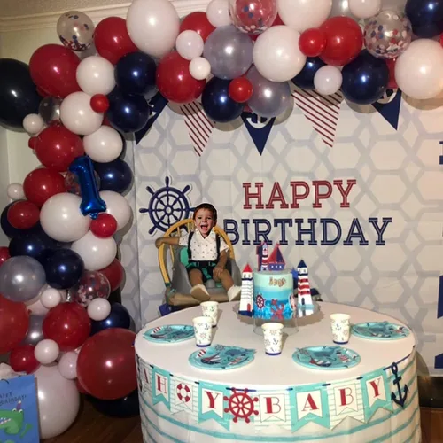 Miniatura 3 de Arco de globos rojos, blancos y azules, 130 unidades, guirnalda de globos azul claro azul claro y blanco con globos de confeti para béisbol, 4