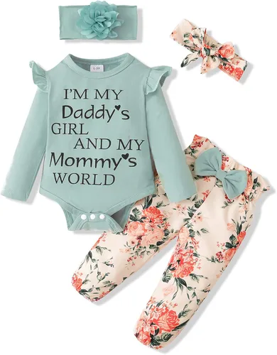 SUNNY PIGGY Ropa para bebé recién nacida, con volantes, mameluco de algodón floral, conjunto de pantalones de algodón para niñas