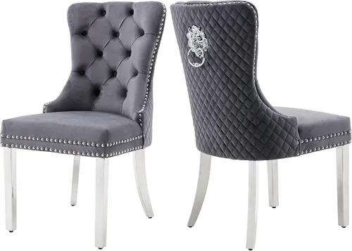 Miniatura 10 de Civama Juego de 2 sillas de comedor, elegantes sillas de comedor de terciopelo capitonado de lujo con patas doradas y adornos de clavos, tirador