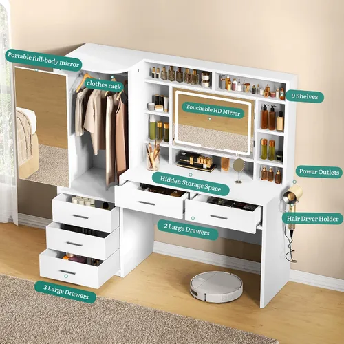 Miniatura 3 de YITAHOME Escritorio de tocador con espejo y luces, tocador de maquillaje grande de 59 pulgadas con tomas de corriente y 5 cajones, 3 modos