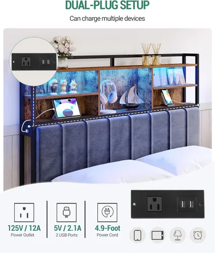 Miniatura 3 de Hzuaneri Cabecero con estantes de almacenamiento de 3 niveles, tablero de cabecera tapizado de terciopelo con 2 tomas, puertos USB y luz LED, Marrón