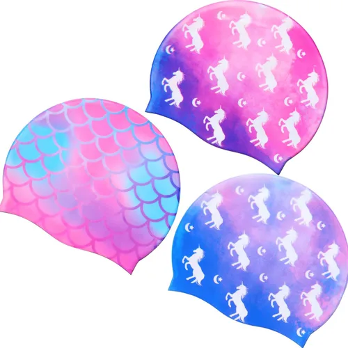 Syhood Gorras de natación para niños, 3 unidades, impermeables, gorro de natación de dibujos animados para cabello largo y corto, para niños y niñas