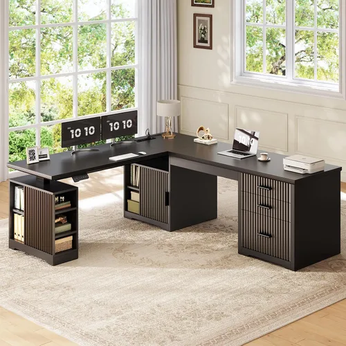 Miniatura 3 de SEDETA Escritorio eléctrico acanalado en forma de L, 63 x 67 pulgadas de altura ajustable para oficina en casa con cajones y estantes, escritorio
