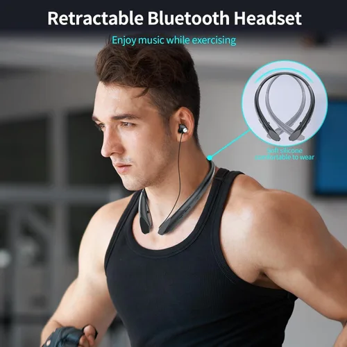Miniatura 4 de Auriculares Bluetooth con banda para el cuello con cables retráctiles, batería de 24 horas, auriculares inalámbricos IPX5 a prueba de sudor, sonido