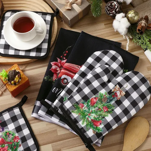Miniatura 4 de Bencailor Juego de 6 Pzas de Toallas de Cocina Cardinal Guantes de Horno y Soportes para Ollas Navideño Toallas de Platos Guantes de Horno