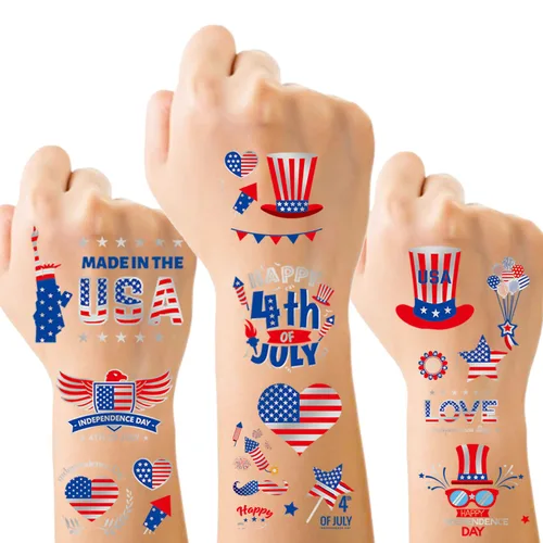Decoraciones del 4 de julio, tatuajes temporales, 8 hojas impermeables para el Día de la Independencia, tatuajes falsos adhesivos patrióticos para