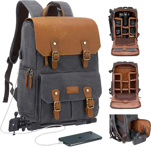 JAEP Mochila para Cámara - Resistente a la Intemperie, Lona Encerada de Memoria de 16 Onzas – Mochilas DSLR SLR con compartimento para funda de