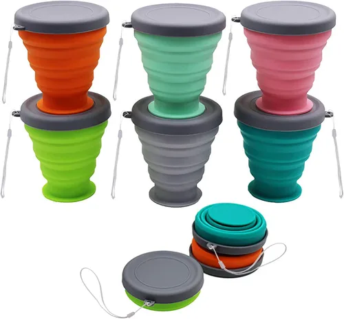 Taza de silicona plegable – 6 piezas de silicona plegable con tapa, juego de vasos expandibles, taza reutilizable, adecuado para acampar y senderismo