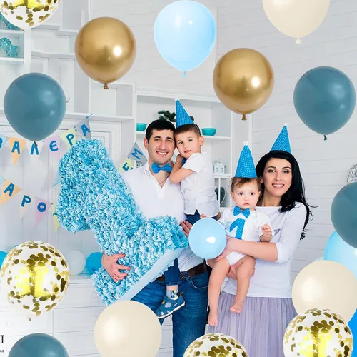 Miniatura 6 de Set de globos azul polvo, 60 paquetes de 12 pulgadas de globos metálicos dorados cromados, azul macarrón, azul océano, blanco arena, confeti