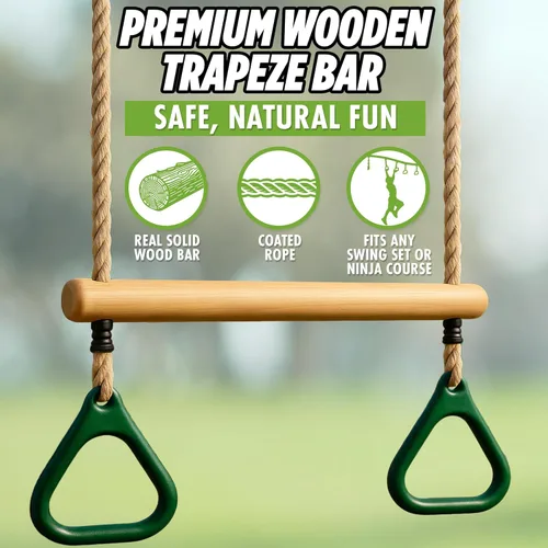 Miniatura 2 de Barra de trapecio de trapecio de madera para niños - 45,7 cm de altura ajustable Barras de mono con anillos de juego conjunto de columpio - Carrera